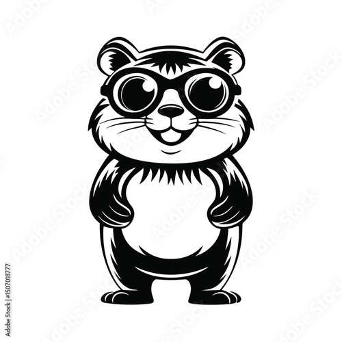 Isolated Upright Black and White Bear with Glasses, Minimalist Mascot, Stylized Art