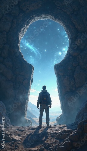 man Walking Through Keyhole Gateway into Outer Space with Planets Beyond – Concept of Exploration and Discovery