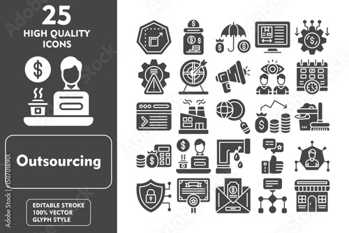 Outsourcing Glyph Icon Set. Incleded Icons Scalable, Saving Money, Insurance, Product Design, Cost, Risk Management, Target, Promote. Vector Icons Collection