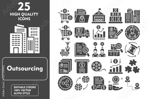 Outsourcing Glyph Icon Set. Incleded Icons Procurement, Audit, Reduce, Puzzle, Share, Knowledge Transfer, Transaction, Save Time. Vector Icons Collection