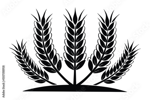 Stylized Black and White Graphic Illustration of Five Wheat Stalks Emanating from Dark Soil