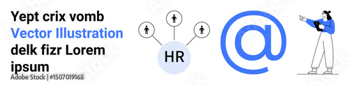 HR central hub connecting individuals, bold email icon illustrating communication, businesswoman emphasizing teamwork. Ideal for collaboration, HR, communication, networking, teamwork, training