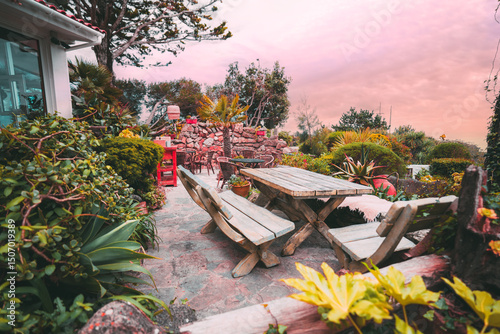 Wallpaper Mural Cozy garden patio with rustic wooden benches and table surrounded by vibrant greenery and decorative plants, under a dreamy pink sky, perfect for outdoor dining and relaxation Torontodigital.ca