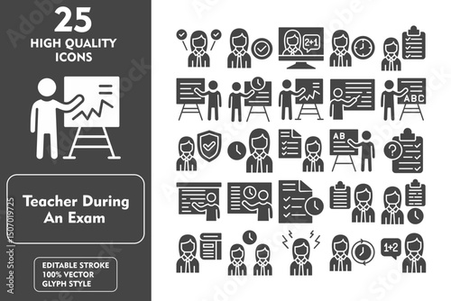 Teacher during an exam Glyph Icon Set. Incleded Icons Multitasking, School Teacher, Clipboard, Time to study, Book, Team, Stress, Full time, Teacher. Vector Icons Collection