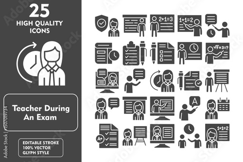 Teacher during an exam Glyph Icon Set. Incleded Icons Security, Board, Teacher, Learn, Lesson, Time to study, Checklist, Quiz, Time management. Vector Icons Collection