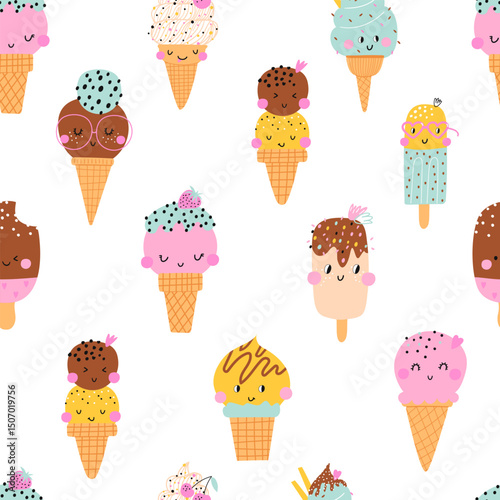 Seamless pattern with ice cream cones with toppings in a playful cartoon style.  Vector