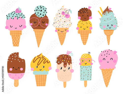 Various ice cream cones set with toppings in a playful cartoon style.  Vector