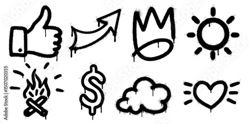 graffiti style icon set with black spray stencil elements. arrow, crown, heart, cloud, flame, sun, thumbs up, and dollar sign. Grunge, dripping paint texture gives strong street art aesthetic.