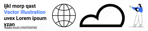 Globe icon, outlined cloud, person in blue pointing at text elements. Ideal for education, communication, technology, environment, networking, cloud services simple landing page