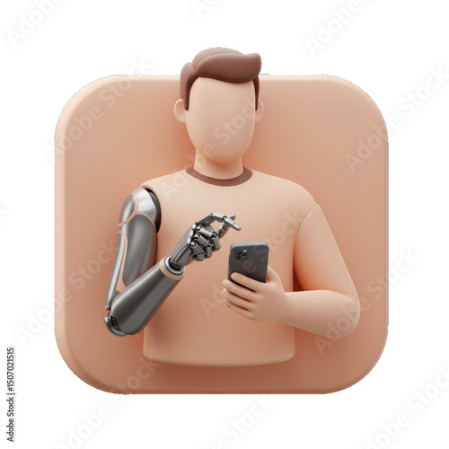 Man with prosthetic arm using smartphone, symbolizing modern assistive tech.