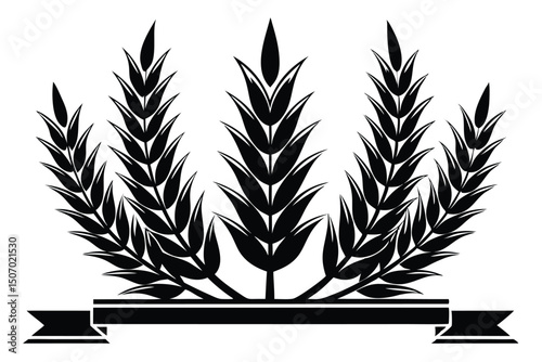 Black Wheat Stalks with Ribbon Banner, Vector Illustration for Heraldry and Agriculture