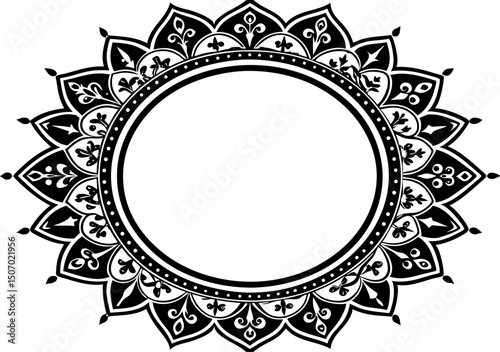 Black and white round frame. Traditional round Turkic ornament. Oriental black round pattern with arabesques