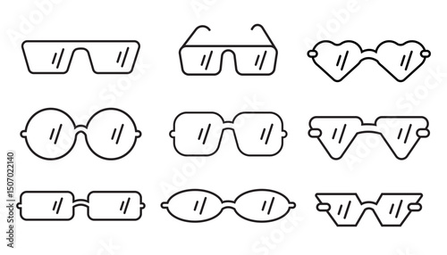 A collection of nine distinct sunglass designs. Various frame shapes are shown in a simple line art style, ideal for fashion or eyewear websites.