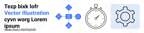 Stopwatch for time management, gear for process optimization, four interconnected icons for workflow. Ideal for business, technology, analytics, productivity, process improvement, teamwork simple