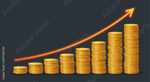 illustration of an arrow indicating upward and financial growth with representation of coins and money growing