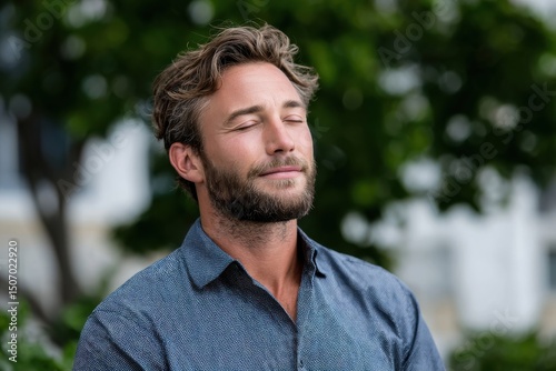 A relaxed man stands outdoors with his eyes closed, experiencing a serene moment in nature, reflecting peace and tranquility amidst beautiful greenery and natural wonders.