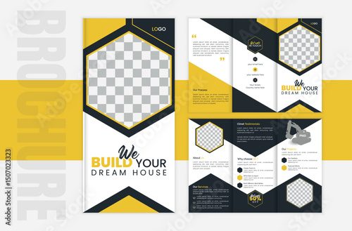Construction company trifold brochure with industrial icons and yellow theme | Vector template tri fold brochure for construction industry
