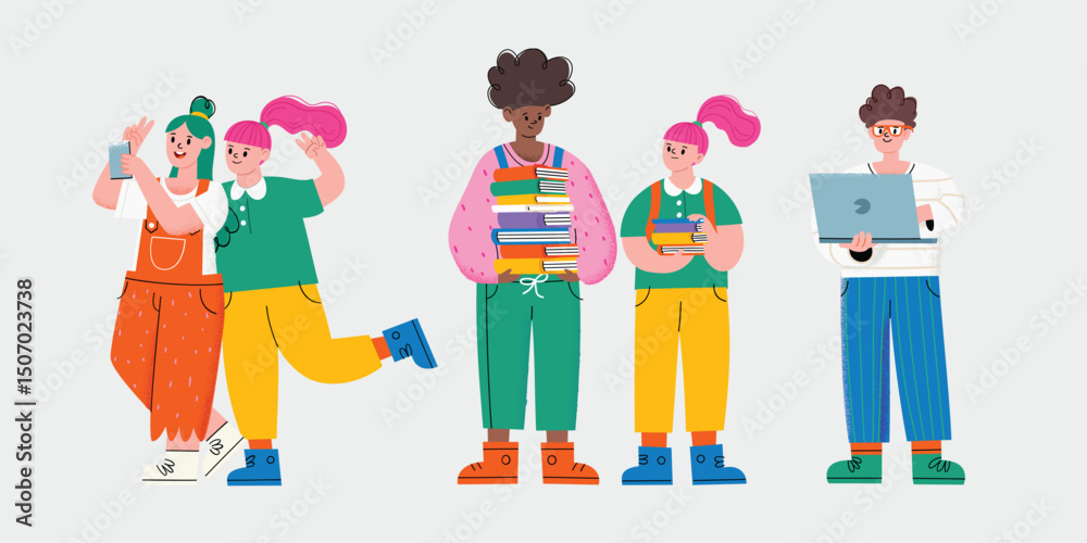 Fototapeta premium Group of diverse students. Friends or coworkers pupils students are standing, hugging, posing together. Cartoon characters. Hand drawn colorful vector illustration