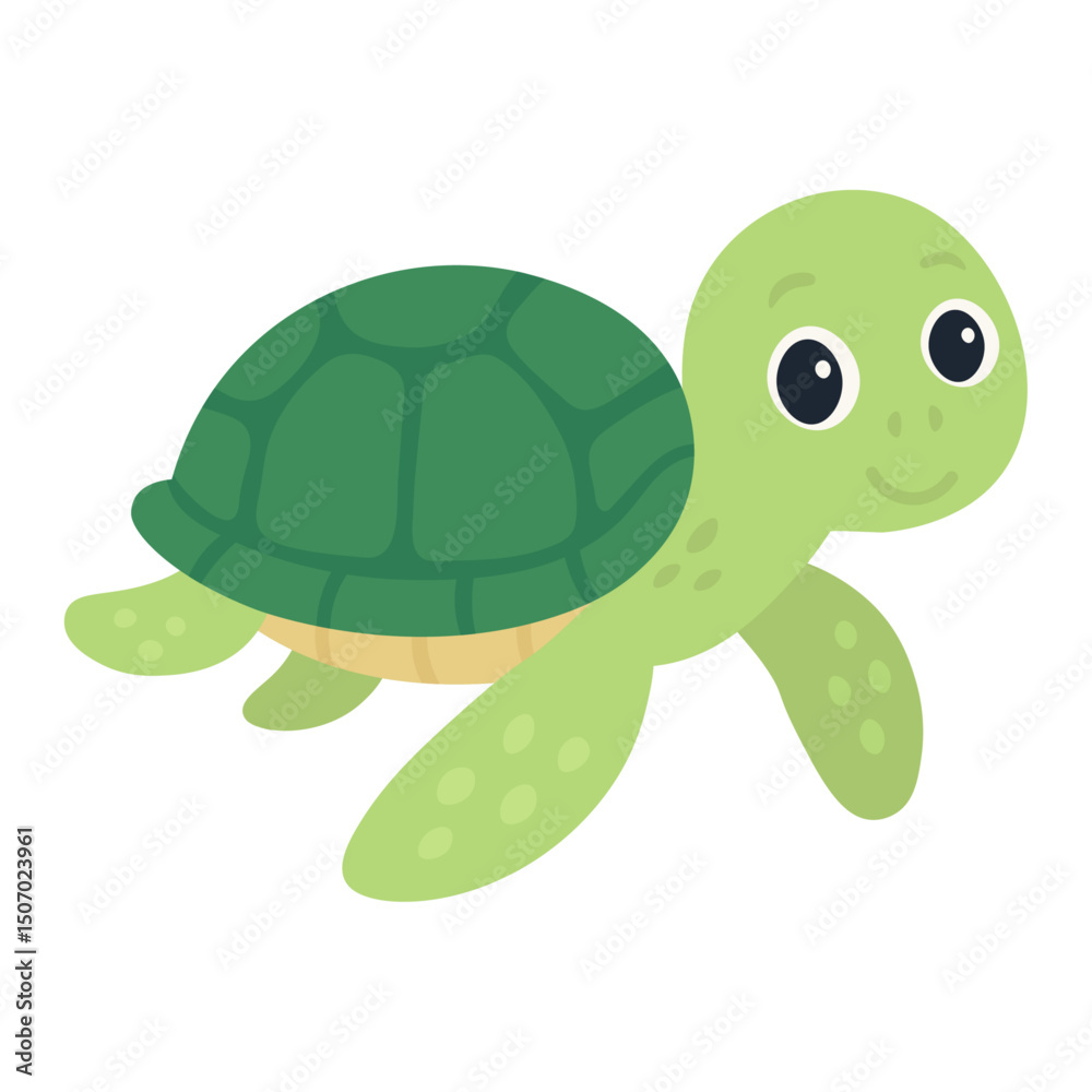 Obraz premium Cute green turtle cartoon. Smiling sea turtle character. Baby tortoise illustration.