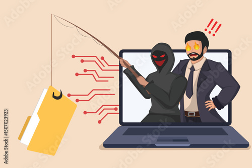 Cybersecurity Scam Illustration: Masked Intruder Attempting to Hook Sensitive Information from a Laptop, Alarming the User of Potential Data Breach.