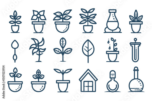 Plants line icons. Mint leaf, Growing plants and Humidity thermometer icons. Bottle with mint water, Nature care, leaf on hand. Gardening new flower, environment, water drop and thermometer. Vector