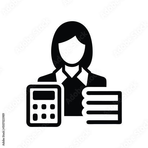 Accountant Icon with Books and Calculator, Business Woman Profile. Isolated Symbol