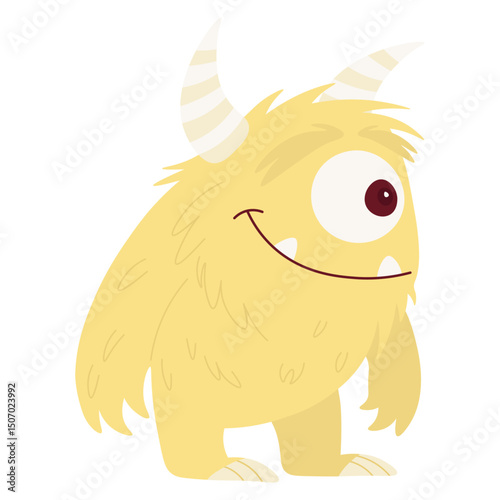 Yellow cute monster with one eye and horns. Funny cyclops character. Smiling fluffy beast.