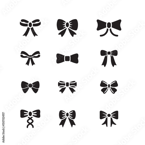 A set of nine simple, black silhouette bow icons on a white background.