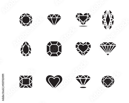 A collection of black silhouette illustrations representing different gemstone shapes.