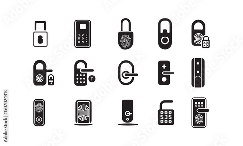 A collection of black and white icons representing various modern door and lock security systems.