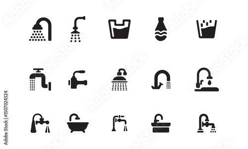 A set of simple, black and white icons depicting various water fixtures and appliances.