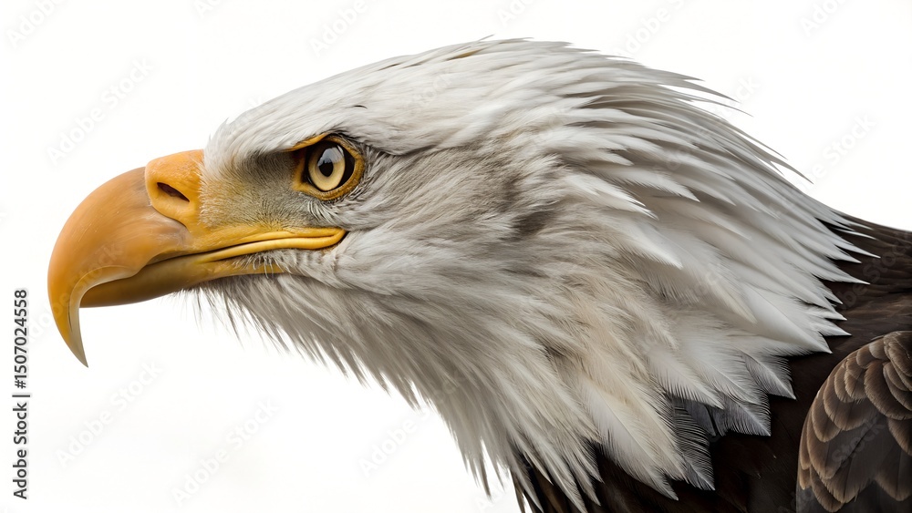 Fototapeta premium I will generate a close-up photograph of a majestic bald eagle's head in profile view, sharply focused against a plain white background. The eagle displays its iconic white head feathers, dark brown b