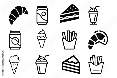 Set of fast food likes pizza, hot dog, ice cream, cold coffee, french fries, cane, chocolate icon vector illustration on white background.
