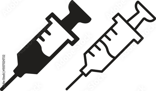 Syringe injection with needle silhouette icons set black flat, outline styles. Elements representing medical injections, vaccinations and healthcare displayed vectors. Equipment symbols illustration.