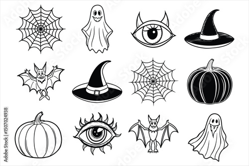 Set of hand drawn halloween elements likes pumpkin,witch hat,spider net, devil eye, devil,bat line art vector illustration on white background.