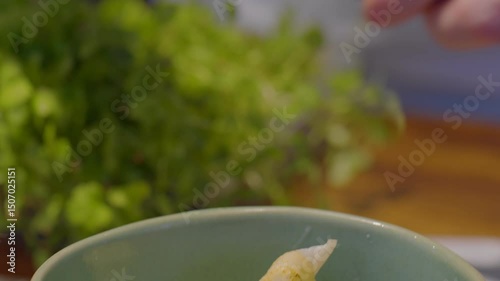 4K. Close-up of pancakes decorated with greenery