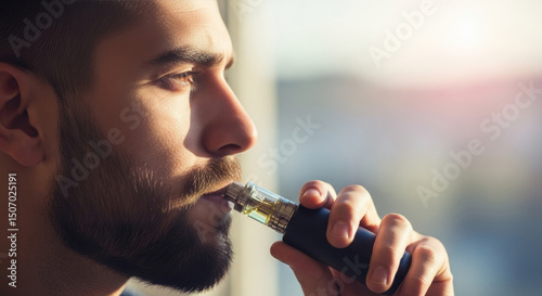 Bearded man vaping electronic cigarette. Modern vaporizer technology for lifestyle and cessation. Smoking alternative.