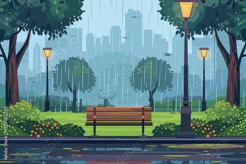 Rainy park with gloomy cityscape background. Vector cartoon illustration of public garden landscape with bench, lantern and trees, water puddle on alley, lightning in sky above modern urban buildings.