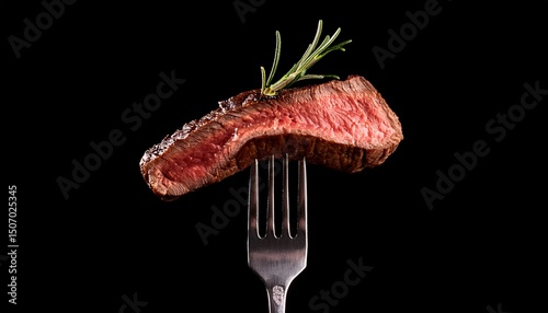 beef steak on fork isolated on black background closeup photography