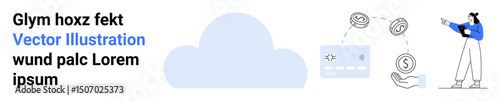 Large cloud shape, person pointing, credit card, currency symbols, and hand. Ideal for finance, cloud technology, e-commerce, cybersecurity digital payments data sharing simple landing page