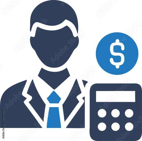 Accountant Silhouette with Calculator and Documents, Icon Style, Black on White