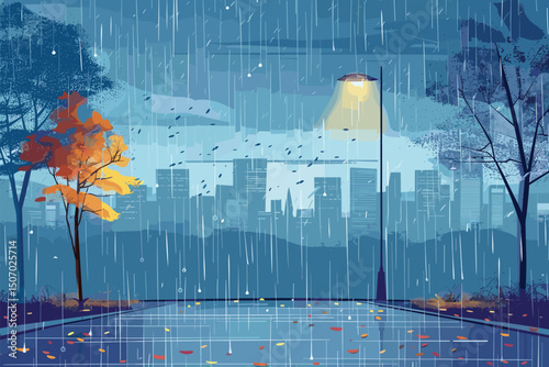 raining empty street road with crossroad and traffic light city buildings skyline modern architecture cityscape background.