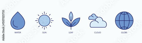 Global Harmony Icon Set Isolated Vector With Icon Of Water, Sun, Leaf, Cloud, Globe In Blue Style