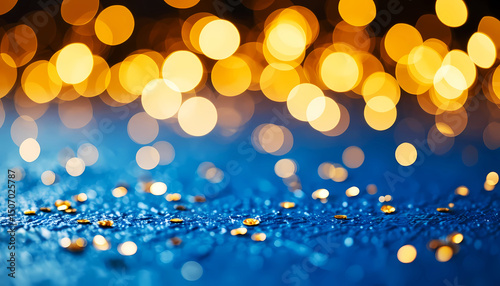 .A festive scene with softly defocused golden bokeh lights on a textured dark blue background sprinkled with shimmering golden confetti