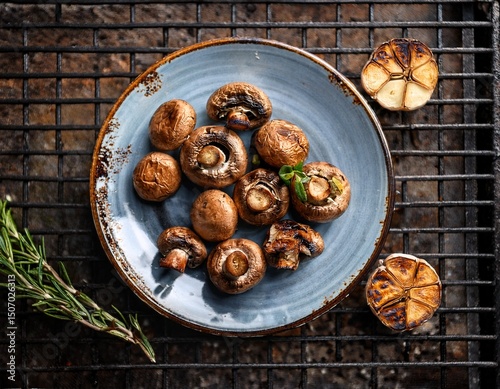 culinary photography grilled mushrooms on an old grungy metal