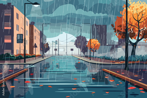 raining empty street road with crossroad and traffic light city buildings skyline modern architecture cityscape background.