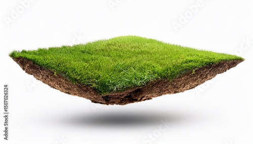 piece of ground covered by grass floating in the air isolated on white background ideal for photocompositions