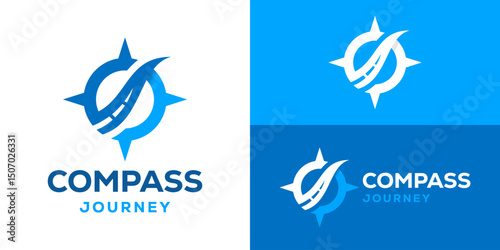Creative simple compass journey logo template. Compass with road, way icon logo design vector illustration.