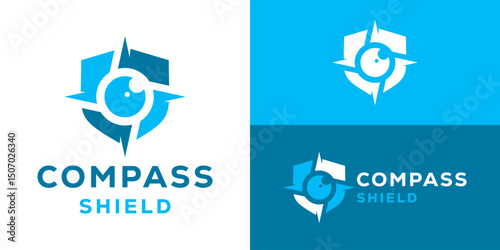 Creative simple compass shield logo template. Compass with shield and eyeball logo design vector illustration.