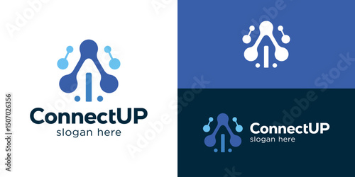 Creative connect up logo template. Abstract arrow up with dot connection logo design vector illustration.